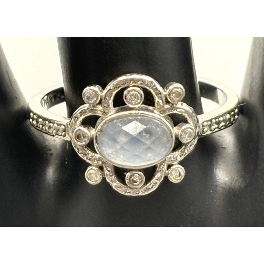 Bomb Party Silver Tone Faux Moonstone Flower Filigree Ring Size 10